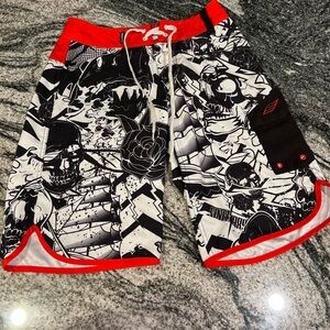 Men’s Slippery Graphic Black and White Board Shorts with Red Accents. Size 28